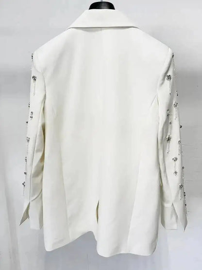 Solid Blazer Women Beaded Rhinestone Embellished Lapel Long Sleeve Dangling Charms Formal Evening Party Suit Jacket 2026