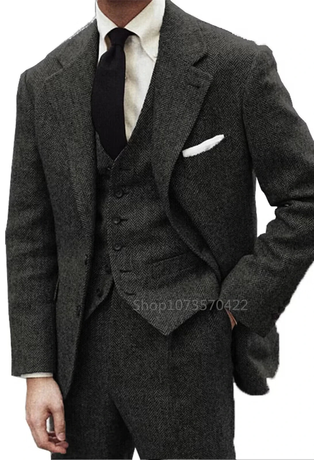 Men's Gray Wool Tweed Slim Fit 3 Piece Suit Winter Formal Herringbone Business Tuxedo Groom Male Clothes Jacket Vest Pants Set