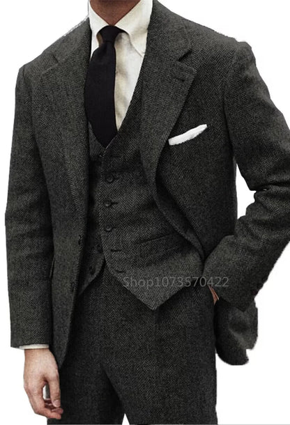 Men's Gray Wool Tweed Slim Fit 3 Piece Suit Winter Formal Herringbone Business Tuxedo Groom Male Clothes Jacket Vest Pants Set