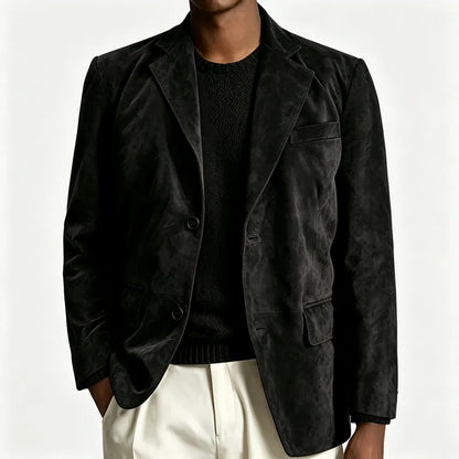 Men's Faux Suede Blazer – Retro Notched Lapel Single-Breasted Jacket for Wedding, Business & Daily Wear