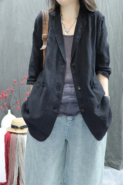 2026 Autumn New Style Women's Casual Pure Color Linen Long Sleeve Retro Fashionable Versatile Suiting Jacket Classic All-Match