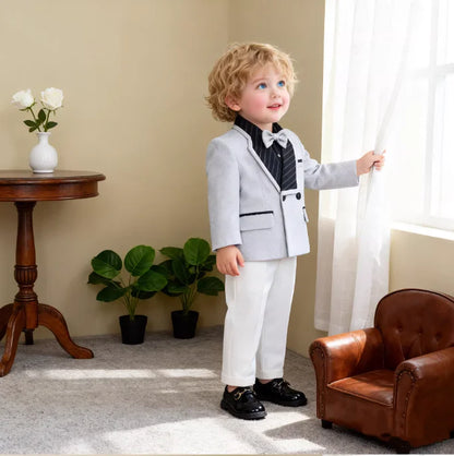 Boys Elegant Silver Suit Set Kids Piano Host Speech Catwalk Performance Costume Children's Wedding Birthday Photogrpahy Outfit