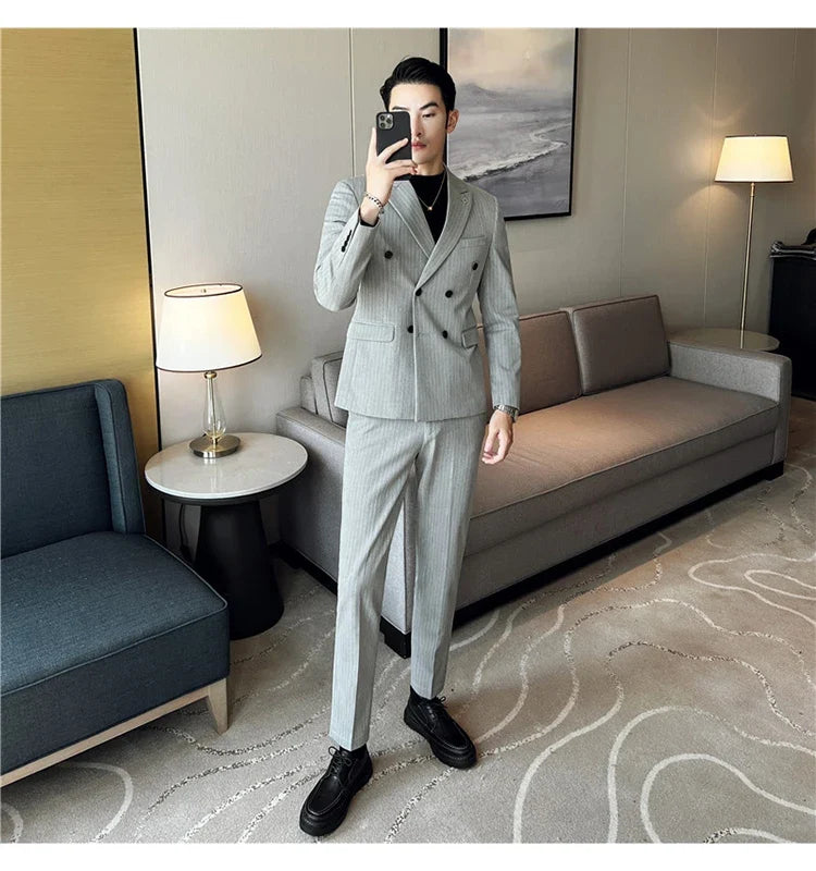 (Jacket + Vest + Pants)Three Piece Set Men Blazers Set stripe Suits Busines Casual Slim Fit Formal Dress Groom Tuxedo Wedding