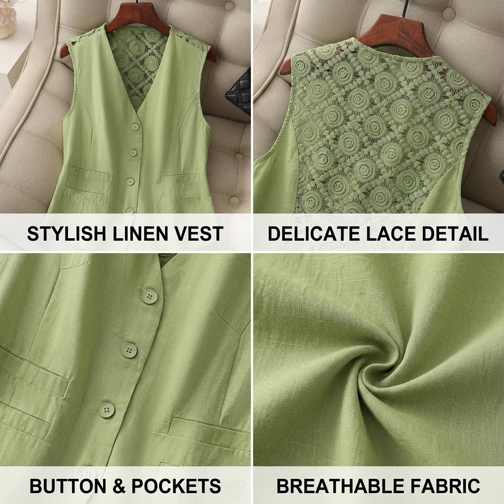 Women’s Summer Button Vest with Crochet Lace Back — Breathable, Linen-Style Texture, Deep V-Neck, Casual to Office Layer