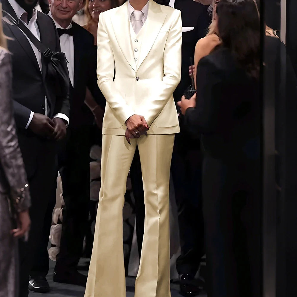 Women's White Satin Tailored Suit Set Slim Fit Jacket+Vest+Pants Formal Three-Piece Outfit for Prom Elegant Evening Party Wear