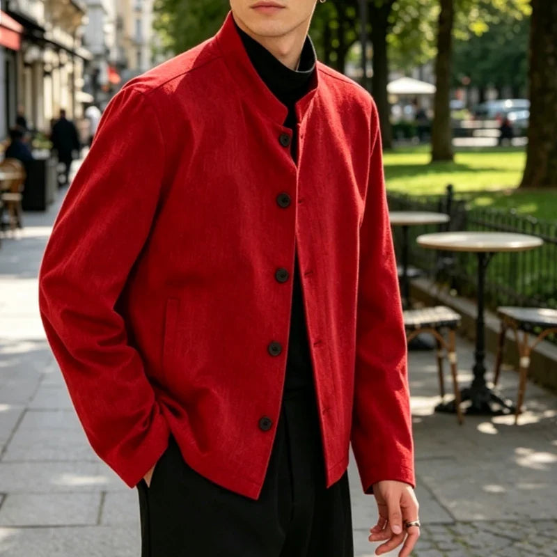 Men's Linen Blazer Stand Collar Slim Fit Suit Jacket Lightweight Breathable Soft Business Casual Daily Sport Coat for Spring