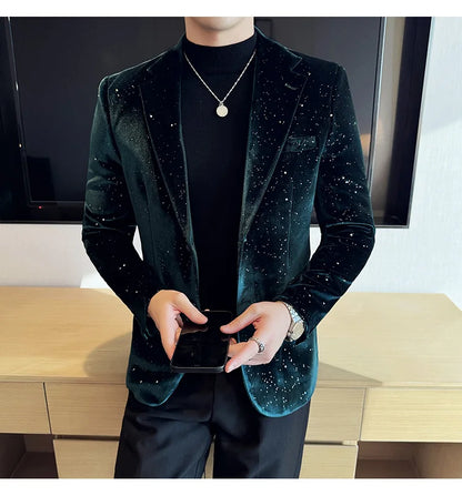 2025 Autumn New Velvet Jacket Men's Blazer Business Fashion Hot Stamping Printed Suit Jacket High-quality Luxury Dress Suit