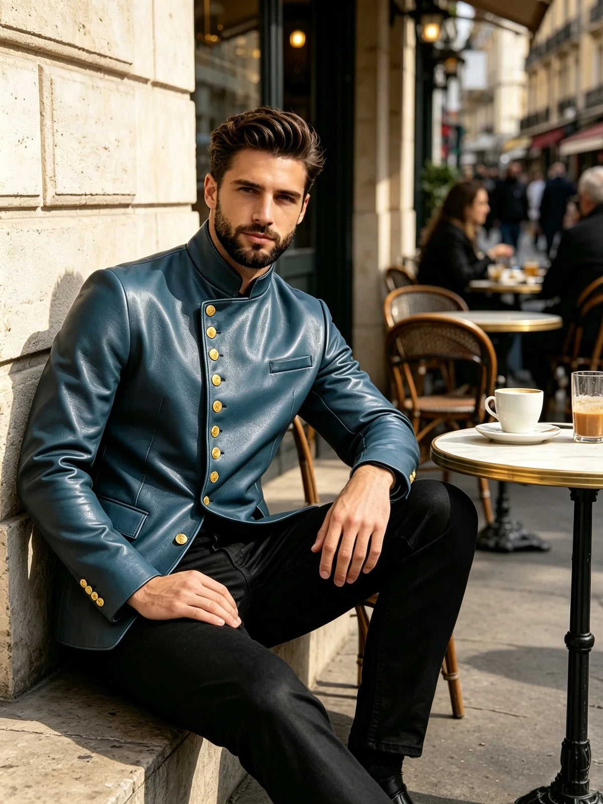 Luxury PU Men's Suit Blazer Single Breasted Stand Collar Slim Fit Leather Jacket Vintage High Quality Business Party Male Tuxedo