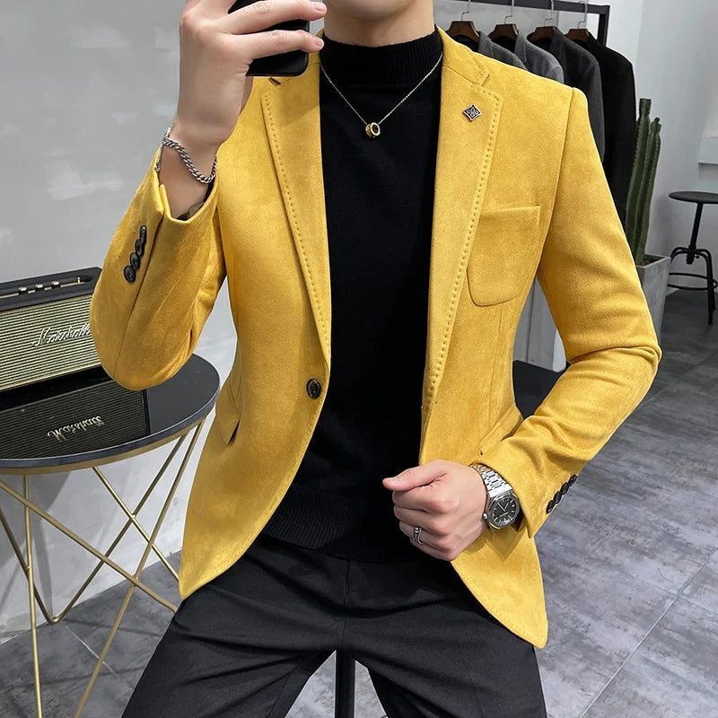 2023 Spring Suede Suit Jacket Men Casual Business Slim Fit Blazer Deerskin Leather Jacket Men Wedding Street Wear Social Coat
