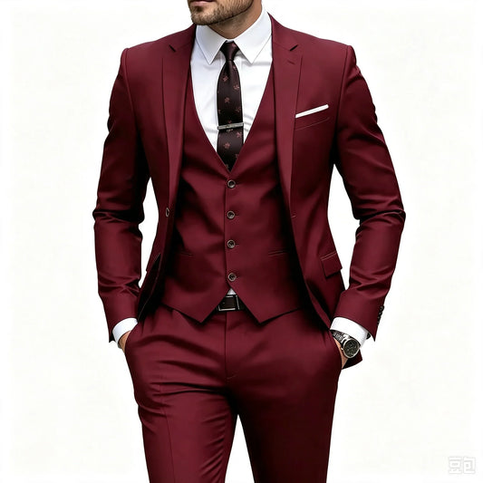 Men's Burgundy 3-Piece Suit Set (Blazer + Trousers Only, No Vest Included),Slim Fit Formal Business Wedding Party Jacket & Pants