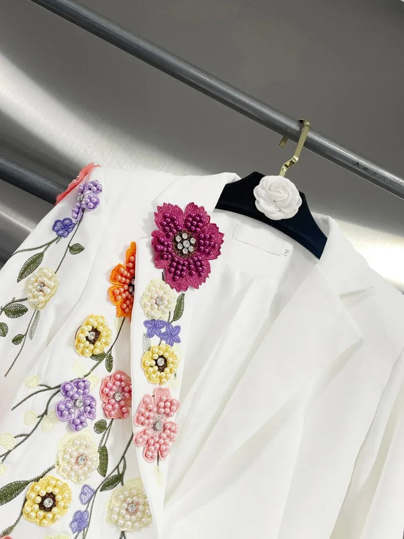Elegant Women New Autumn Embroidery Floral Blazer Jacket Loose Fit Single Button Work Suit Coat Outwear Fashion Office Ladies
