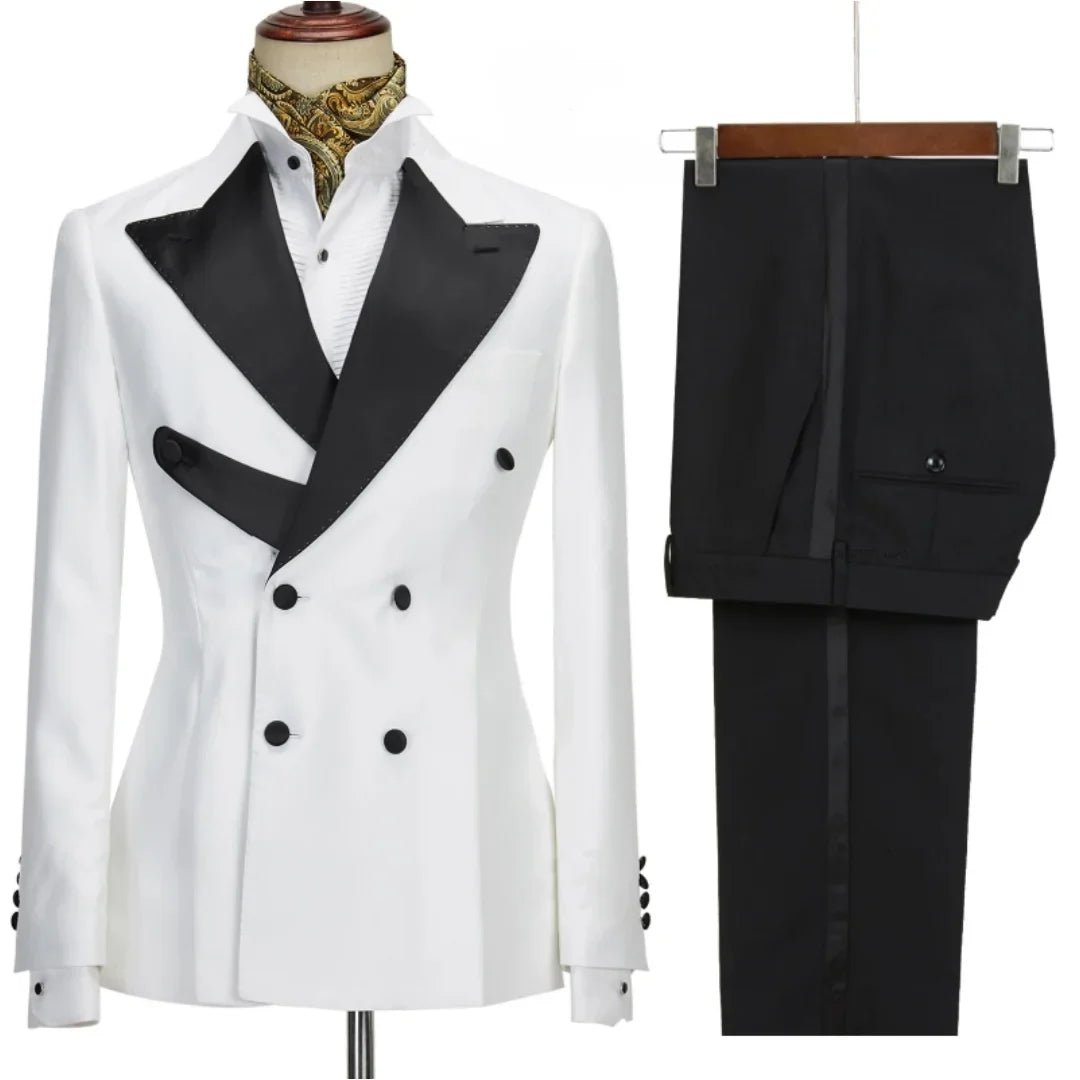 Men Suit 2 Pieces Black White With Lapel Double Button For Wedding Business Banquet Party Prom Office Work Set Jacket And Pnats