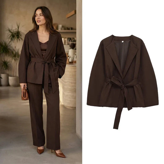 Women Fashion With Belt Coffee Blazer Jacket Vintage V-Neck Long Sleeves Female Chic Lady Outfits