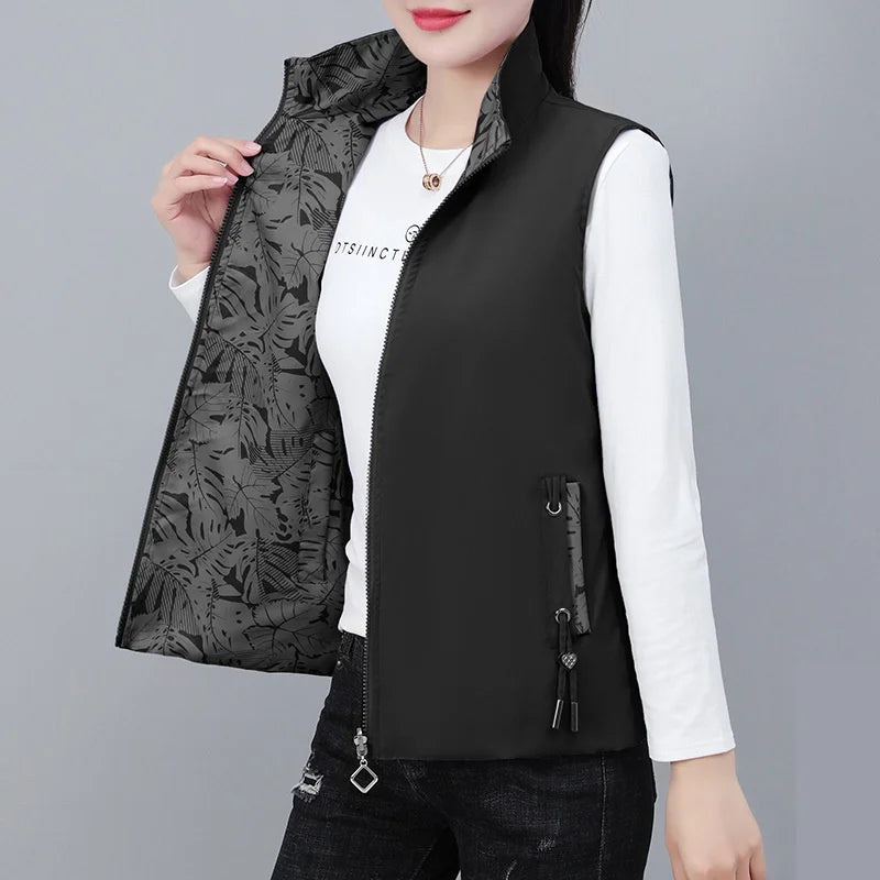 2026 Spring Autumn Women Double-sided Vest Fashion Stand Up Collar Sleeveless Jacket Female Waistcoat Casual Tops Chaleco Mujer