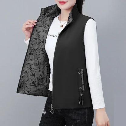 2026 Spring Autumn Women Double-sided Vest Fashion Stand Up Collar Sleeveless Jacket Female Waistcoat Casual Tops Chaleco Mujer