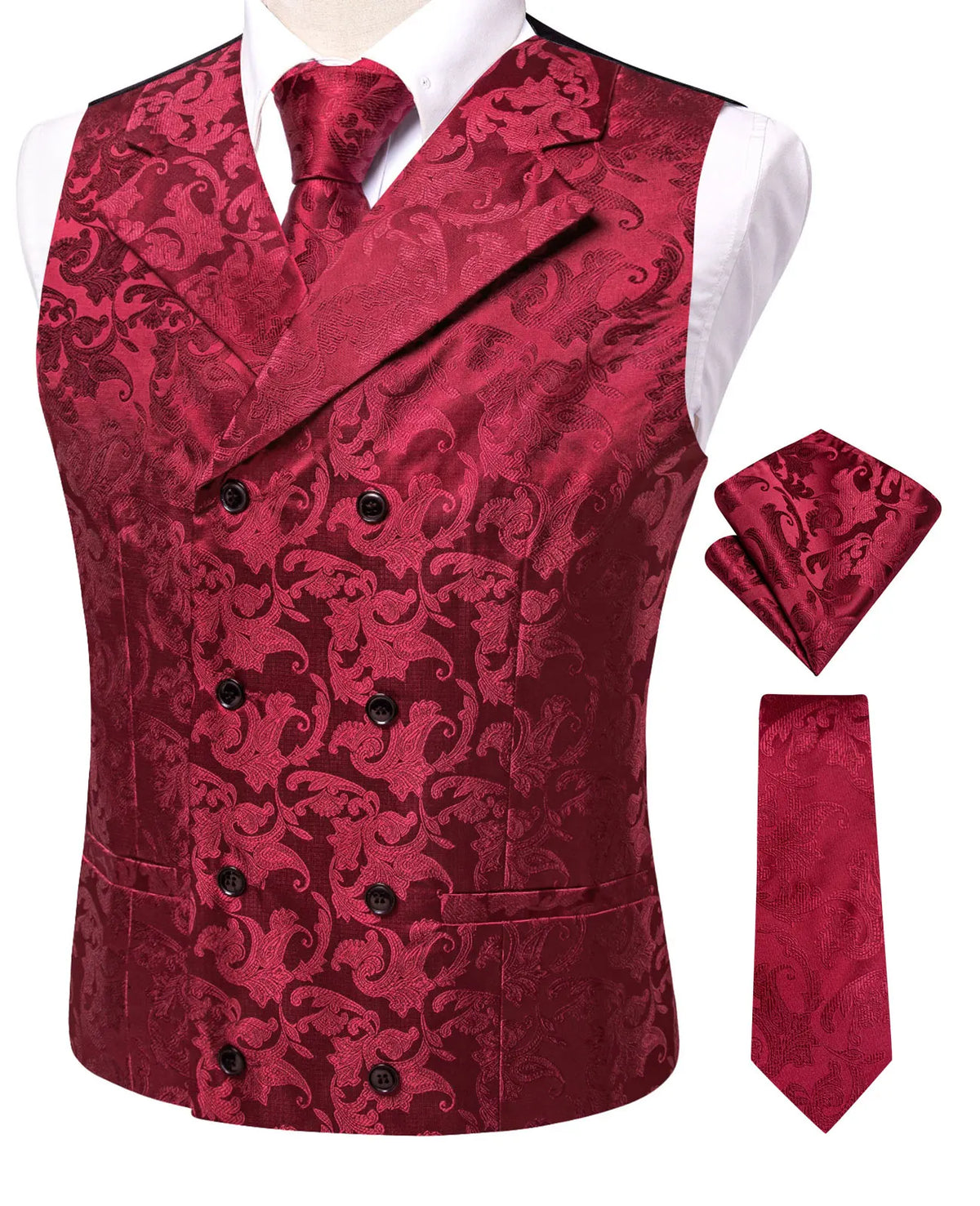 Men's Floral Jacquard Waistcoat Set – Golden Yellow Red Single Breasted Vest for Tuxedo, Gala & Special Occasions