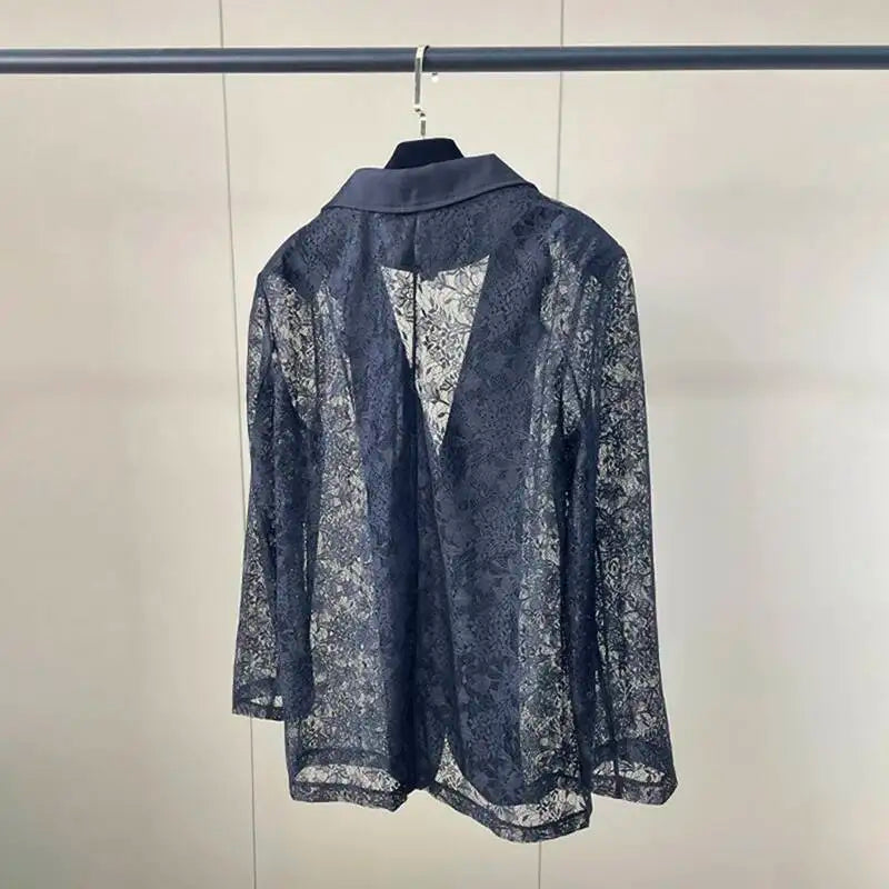 Women Black Sheer Floral Lace Blazer Long Sleeve Lapel Collar Single Breasted See Through Loose Fit Casual wear 2026 new