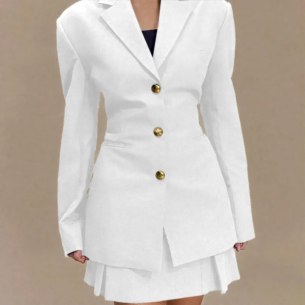 Women's Pleated Skirt Suit Set 2025 2Pieces(Tailored Blazer&High Waist Skirt) Office Chic Single-breasted Notch Lapel Outfit
