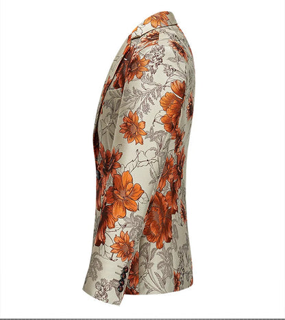 Men Suit 2 Pieces Orange Flower Pattern One Button Business Casual For  Wedding Birthday Party Set Jacket And Pants