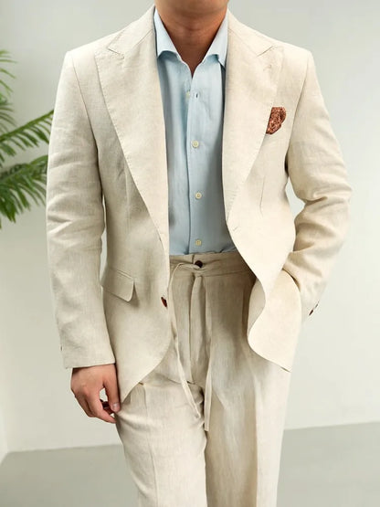 Men Retro Linen Suit Set Notched Collar Thin Business Casual Blazers Two Piece Set Lace Up Long Pant Full Length Trousers Outfit
