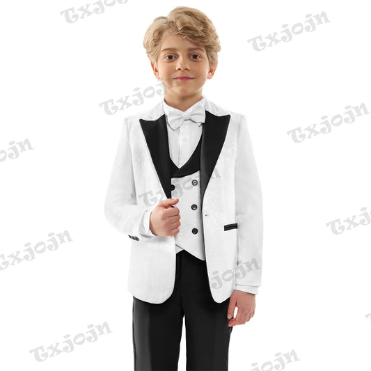 Jacquard 4-Piece Suit Set for Boys 3-18 Years, Slim Fitting Formal Tuxedo For Kids Wedding Guest Jacket, Vest, Pants Bow-tie