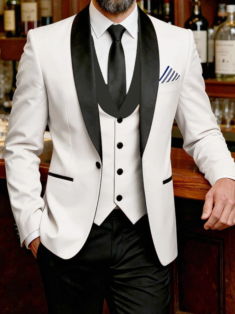 Men Suit 3 Pieces White Black Single Button With Lapel For Wedding Groom Banquet Party Business Work Daily Jacket Vest Pants