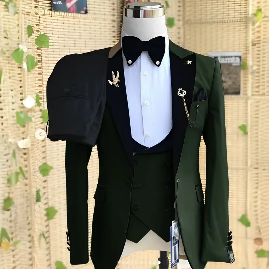 Elegant 3 Piece Slim Fit Men's Tuxedo Suit Set for Wedding Prom Party - Solid Color Blazer Vest Pants Male Formal Wear