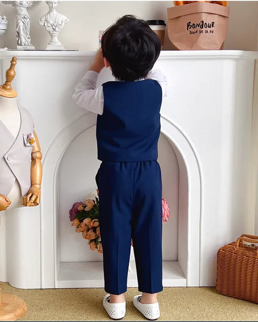 Boys Formal Suit Set with Vest, Pants, Bowtie, Brooch & Belt — Kids Wedding & Occasion Wear
