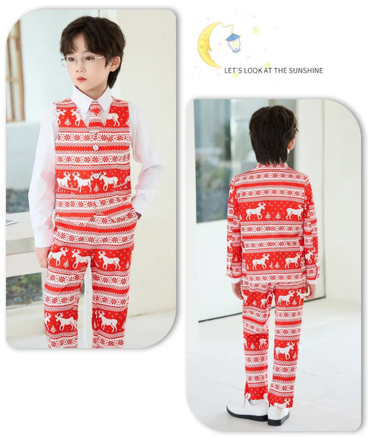 Boys Christmas Blazer Jacket Waistcoat Pants Wedding Suits Kids Morning Coat Formal Dress Children Tuxedos Toddler Clothes Sets