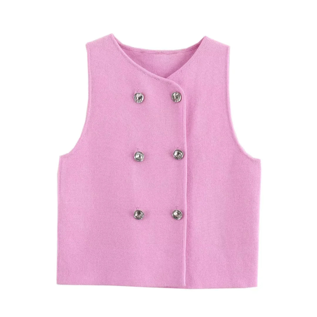 Sweater Lady Vests Sleeveless Pink Knitted Vest For Women Fall Round Neck Short Sweaters Vests Elegant Knit Vests Woman