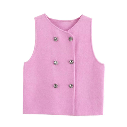 Sweater Lady Vests Sleeveless Pink Knitted Vest For Women Fall Round Neck Short Sweaters Vests Elegant Knit Vests Woman