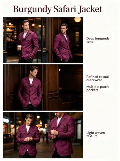 Men's Linen Safari Blazer Four Flap Pockets Slim Soft Jacket Casual Business Coat For Street Outdoor Vacation Party Daily Travel