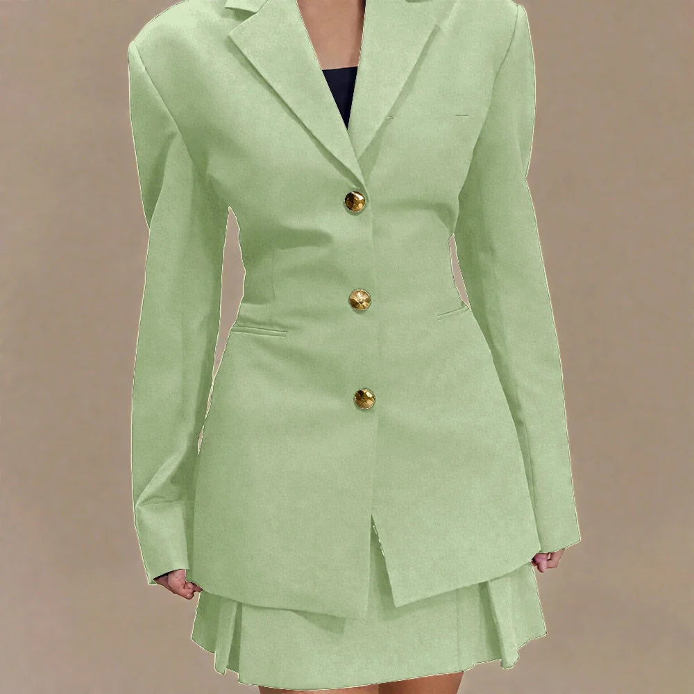 Women's Pleated Skirt Suit Set 2025 2Pieces(Tailored Blazer&High Waist Skirt) Office Chic Single-breasted Notch Lapel Outfit