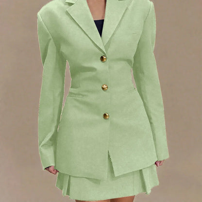 Women's Pleated Skirt Suit Set 2025 2Pieces(Tailored Blazer&High Waist Skirt) Office Chic Single-breasted Notch Lapel Outfit