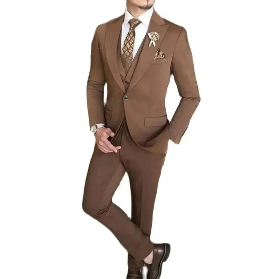 Elegant Terno Suits for Men Brown Outfits Single Breasted Peaked Lapel 3 Piece Jacket Pants Vest Slim Fit Costume Hombres