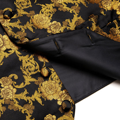 Men's V-Neck Vest Matching Kit | Black Gold Floral Jacquard | Wedding & Celebration