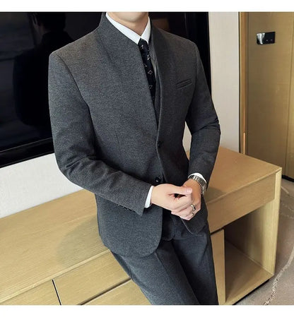 Men's 3-Piece Slim Fit Stand Collar Suit – Wedding, Prom & Office Formal Set