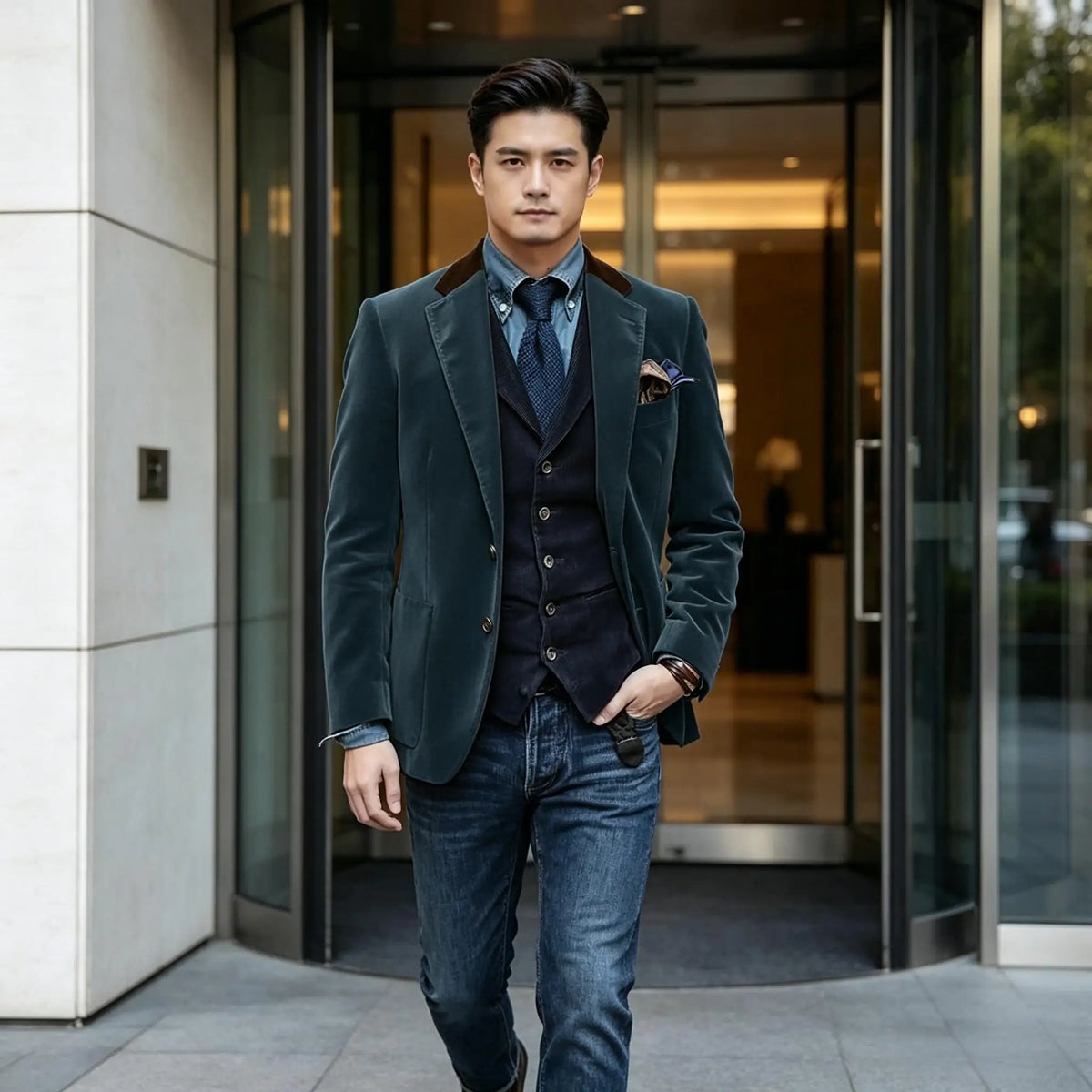Men Velvet Blazer Contrast Brown Lapel Single Breasted Flap Pockets Smart Casual Business Streetwear Formal Outerwear