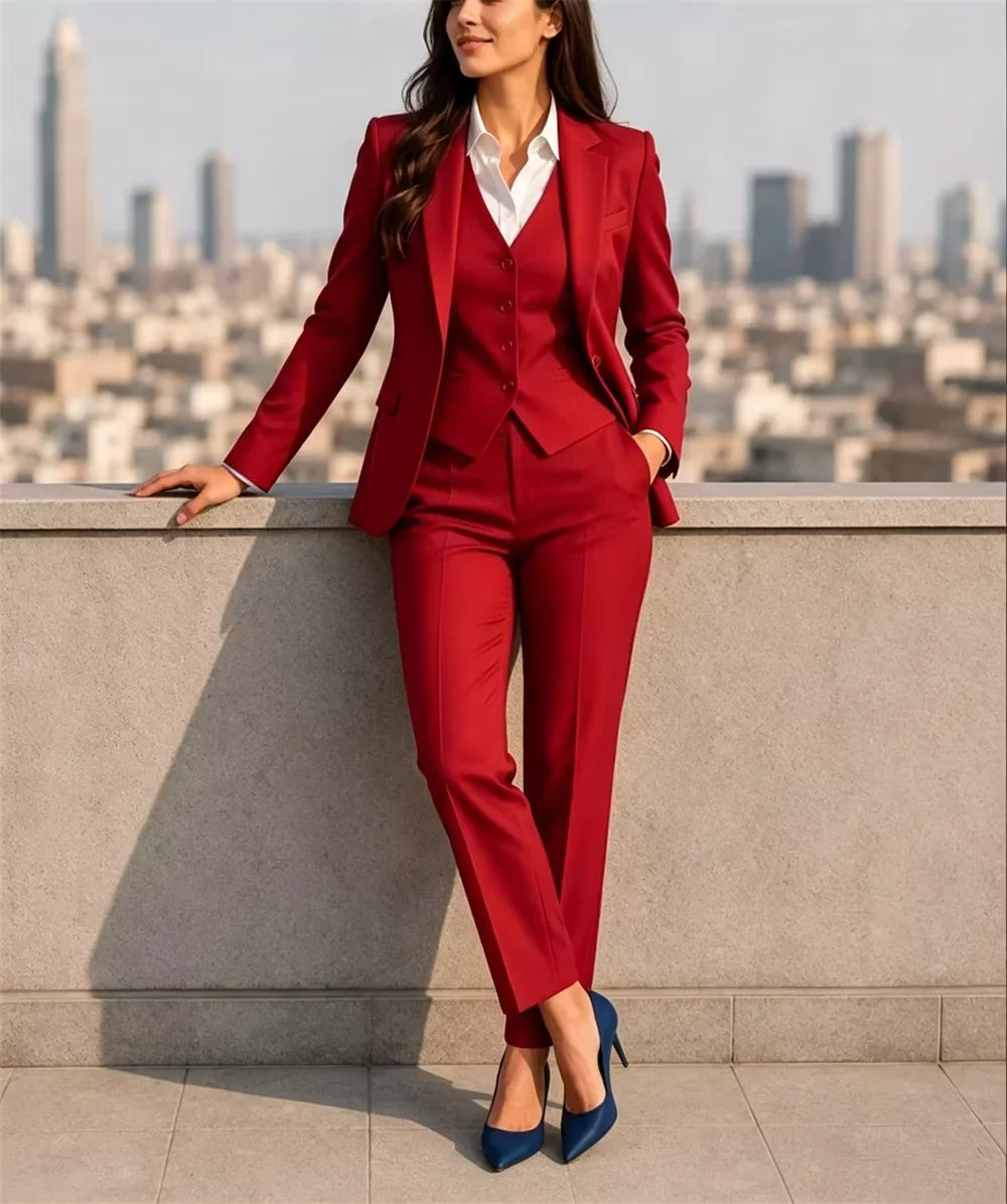 Beige  Women 3 Piece Pant Suits Jacket Vest and Straight Pants Suit Formal Dinner Business Female Clothes Office Lady Blazer Set