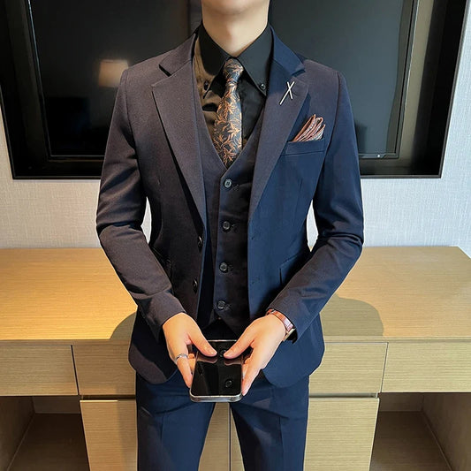 Men's Linen 3-Piece Slim Fit Suit – Blue & Beige | Wedding & Formal Wear