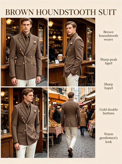 Men's Houndstooth Double Breasted Blazer Vintage Slim Jacket  Fit Formal Business Wedding Party Coat For Men Autumn Winter