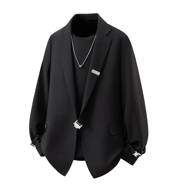 Men Suit Jacket Metal Buckle Designer Blazer Masculino Casual Man Dress Luxury Cool Black Chaquetas Hombre Elegantes Streetwear