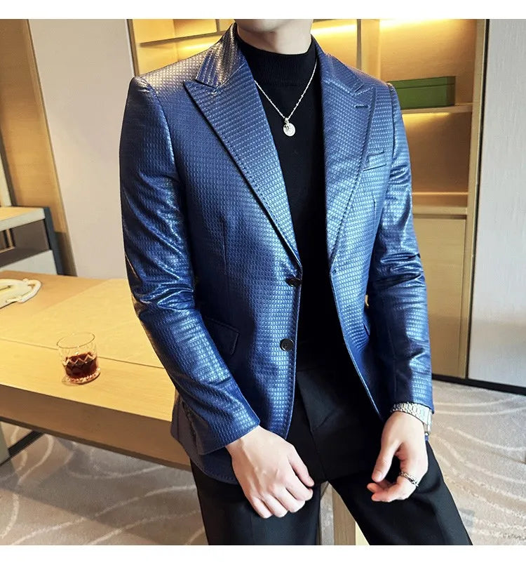 Korean Waffle Leather Suit Jacket Men's Business Casual PU Leather Blazer Slim Fit Wedding Groom Office Social Formal Coats 2026