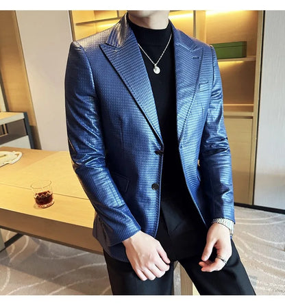 Korean Waffle Leather Suit Jacket Men's Business Casual PU Leather Blazer Slim Fit Wedding Groom Office Social Formal Coats 2026