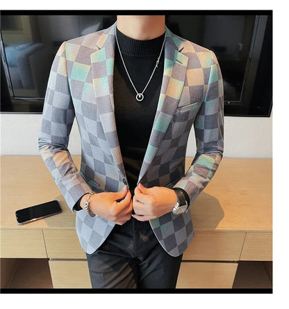 Brand Luxury Plaid Suit Jacket for Men 2023 Autumn Casual Blazer Masculino Fashion Slim Business Wedding Groom Social Dress Coat