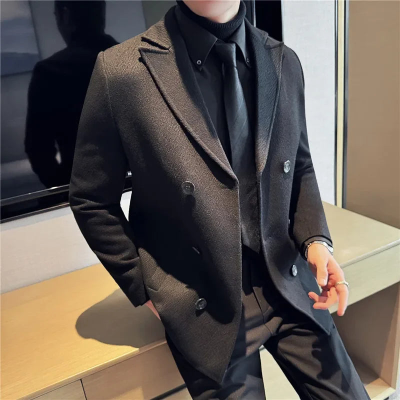 British Style Autumn Winter Thick Double Breasted Woolen Coats High Quality Men Business Casual Warm Suit Jackets Men Clothing