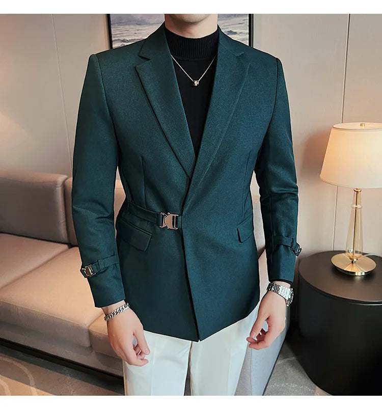 Men's Slim Fit Blazer Metal Buckle Decoration Smart Casual Wedding Party Jacket