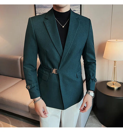 Men's Slim Fit Blazer Metal Buckle Decoration Smart Casual Wedding Party Jacket