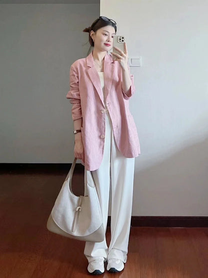 Cotton Linen Suit Jaet Women's Summer New Korean Design Casual Loose Long Sve Top Commute Sle Thin Single Button