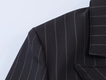 Women New Fashion Charcoal Gray Pinstripe Double-breasted Blazer Coat Female Versatile Lapel Long Sleeve Office Suit Jacket